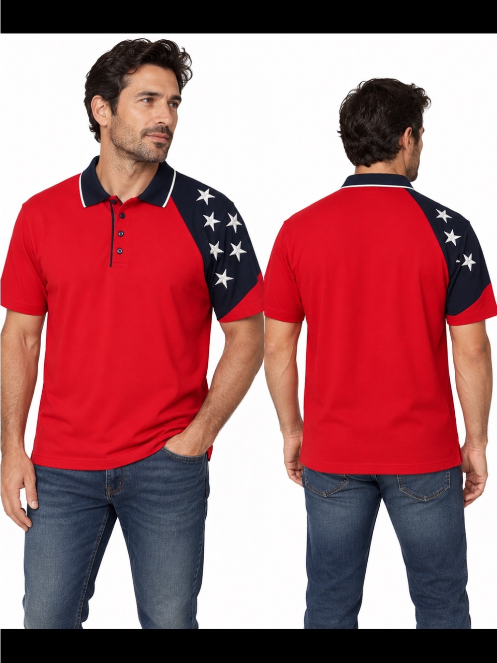 Men’s Freedom Patriotic Polo Red Navy Embroidered Stars Large 21.5” Pit to Pit